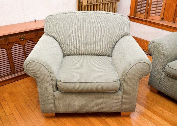 BUY IT NOW!  Lot #126, Contemporary Sage Green Armchair, (Approx. 45" L x 37-1/2" Deep x 36" H, Seat is 18-1/2"H), $150