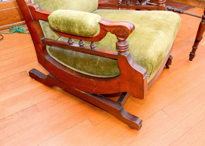 BUY IT NOW!  Lot #132, Antique / Vintage Rocking Chair w/ Green Upholstery (Approx. 26" W x 29-1/2" Deep x 36" H, Seat is 16"H), $120