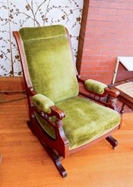 BUY IT NOW!  Lot #132, Antique / Vintage Rocking Chair w/ Green Upholstery (Approx. 26" W x 29-1/2" Deep x 36" H, Seat is 16"H), $120