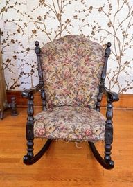SOLD--Lot #137, Antique Dark Wood Rocking Chair w/ Floral Upholstery, (Approx. 29" W x 34-1/2" Deep x 37-1/2" H, Seat is 16" H), $175