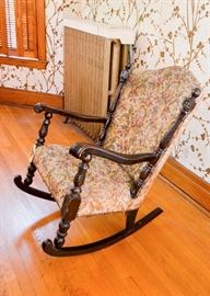 SOLD--Lot #137, Antique Dark Wood Rocking Chair w/ Floral Upholstery, (Approx. 29" W x 34-1/2" Deep x 37-1/2" H, Seat is 16" H), $175