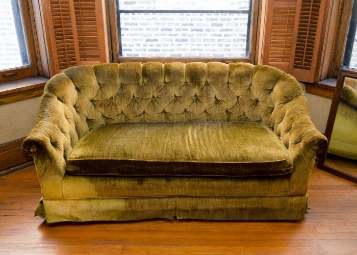 BUY IT NOW!  Lot #148, Vintage Velveteen Tufted Loveseat / Sofa, (Approx. 63" L x 32" Deep x 27" H, Seat is 16" H), $250
