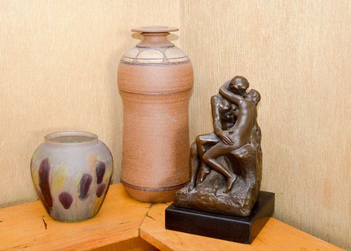 Art Glass Vase, Studio Art Pottery Vase, Bronze Statue of Embracing Couple
