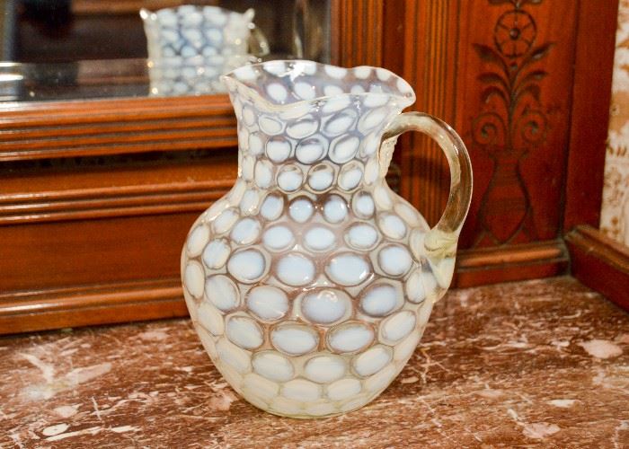 SOLD--Lot #154, Vintage Fenton Coin Spot Opalescent Glass Pitcher, $75