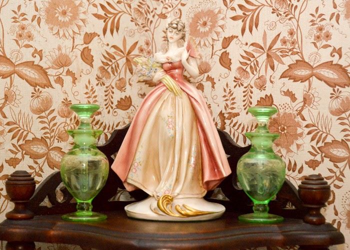 Fine Porcelain Figurine & Depression Glass Perfume Bottles