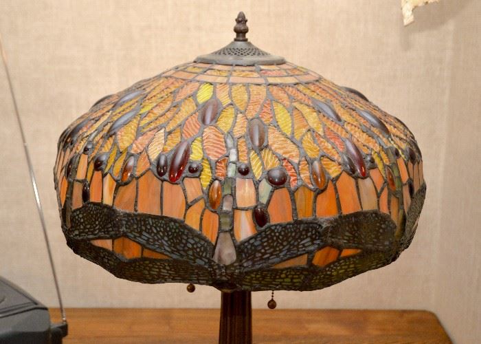 SOLD--Lot #162, Tiffany Style Stained Glass Dragonfly Table Lamp, Resin Shade, $250