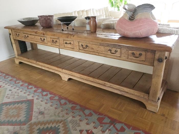 French pine console/sofa table, Coco Schoenberg pottery