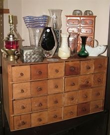 antique general store drawer,   art glass, belleek,  limoges and other porcelain, unique decorative items
