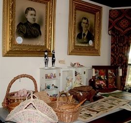 artist miniatures, antique frames, miniature shoe collection, baskets