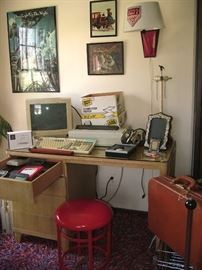 desk, wall art, lamps, picture frames, brief cases, old computer