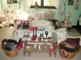 doll collection , various collectibles, tons of eye and sun glasses (both new and vintage), handbags, lamps, art work, baskets, queen bed, queen bedding, hand painted throw pillows signed by the artist