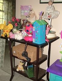 colorful and bountiful decorative items, antique furniture