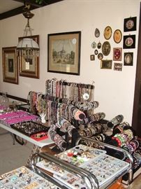 tons of jewelry, miniature paintings and portraits,  antique frames, antique parlor lamp