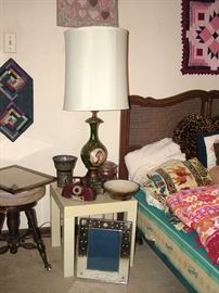 several wall quilts, antique lamps, antique picture frames, art pottery, antique stool, twin beds 