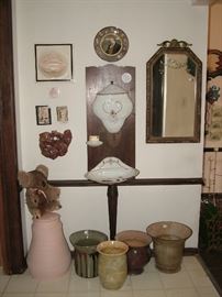 signed artwork and sculptures, art pottery, antique mirror, wall plates