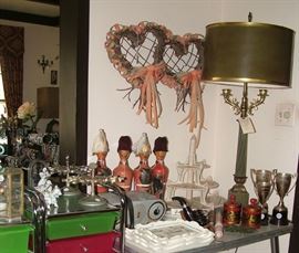 various collectibles, trophies,  hand painted wood art, soldier bottles, antique lamp