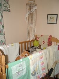 vintage crib, antique baby quilts and blankets, shrek and donkey