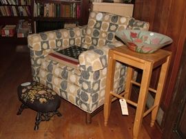 retro chair, antique cast iron foot stool, art glass, books