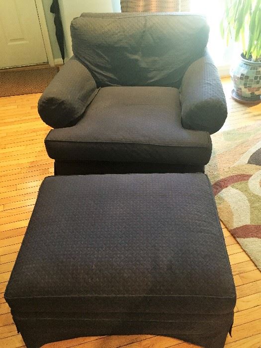 Navy blue upholstered Hickory chair and ottoman