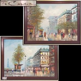 Art Carson Parisian Street Scene Oil On Canvas Pair