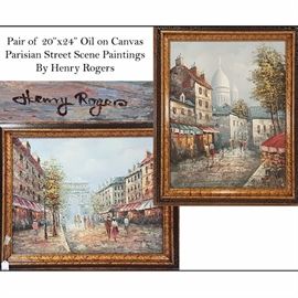Art Rogers Henry Parisian Street Scenes Oil On Canvas Pair