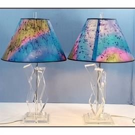 Lighting Pair Lucite Lamps Painted Silk Shades