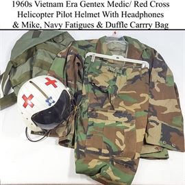 Militaria Gentex Medic Red Cross Vietnam Era Helicopter Pilot Helmet Fatiques Bag Lg