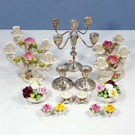 Sterling Candelabras Porcelain Applied Rose Candlesticks Etc lg