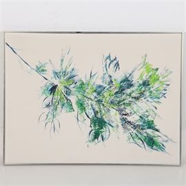 Marie Oil on Canvas Painting Stylized Leaves: An original oil on canvas by an unknown artist. The piece depicts an abstracted leaf in variegated hues of green and blue, set against an off-white background. The work is signed “Marie” in teal paint to the lower right. The piece is unmatted and presented without glass in a silver tone metal frame with hanging wire to the verso.