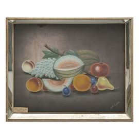 Hervey C. Keim Pastel "Variety of Fruit": An original pastel by Hervey C. Keim titled “Variety of Fruit.” This still life depicts a variety of fruit, including peaches, pears, grapes and a sliced melon. “H. C. Keim” is signed in the lower left, and a typewritten note in the lower left reads “Pastel by Hervey C. Keim / ‘Variety of Fruit’.” The piece is presented under glass in a wooden frame with mirror glass in the bevel and a hanging wire on the reverse.