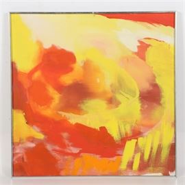 Original Abstract Acrylic Painting on Canvas: An original acrylic painting on canvas by an unknown artist. The abstract piece depicts overlapping brush strokes in bright, warm hues of yellow, orange and red. The piece is unsigned. It is presented without glass in a silver tone metal frame with hanging wire to the verso.