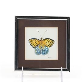 Original Watercolor Painting of Regal Fritillary Butterfly: An original watercolor painting on paper of a butterfly. This painting depicts a regal fritillary butterfly, Speyeria idalia, displayed from above with its yellow, black and blue patterned wings spread. The piece is signed “Carolyn” in the lower right and is presented under glass in a metal frame with a hanging wire. “Regal Fritillary” is hand-marked in graphite to the verso, and a label on the verso reads “Village Art Club."