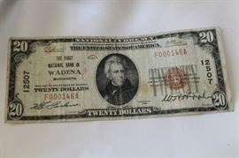 $20 Currency; Series 1929. The First Bank of Wadena; red seal.