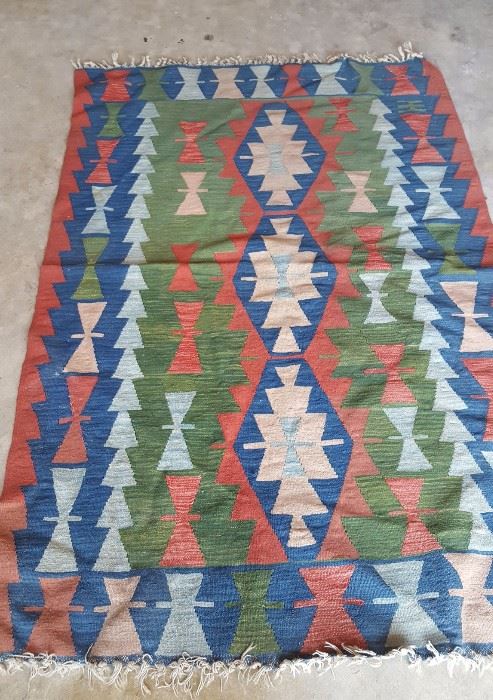 RUG hand woven wool green blue, other. No odors.