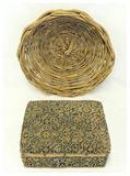 Early 1900's Wicker Fruit Basket & Vintage Carpet Covered "Sewing Box"
Footstool