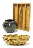 Primitive Cutlery Box W/ 1930's Art Pottery Vase & Early Wicker Fruit Basket