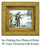 Late 19th C. Victorian Giltwood Frame W/ "Ice Fishing For Pickerel" Sporting Print