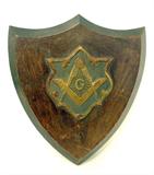 1880's Embossed Brass Masonic Emblem W/ Old Varnish Shield Shaped
Wood Plaque