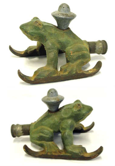 Early Cast Iron Figural Bull Frog Lawn Sprinkler In Original Weathered Green Paint