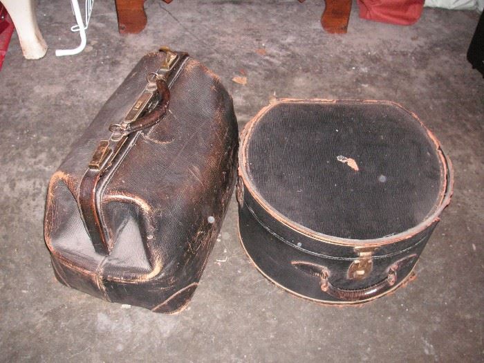 Vintage leather Drs bag & hat box