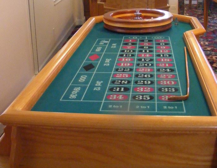 Roulette Casino Table Custom Made with a 22" Roulette wheel,  Oak Table with Vegas Style green felt. Roulette Wheel hardwood inlay with Mahogany, Maple, Cherry and other woods.  Start Price $3500.0 