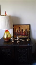 Amberina Glass lamp with finial.