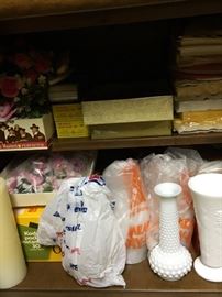 Milk glass vases, paper products