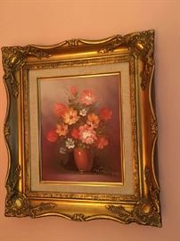 Vintage Floral still life painting in gold fram