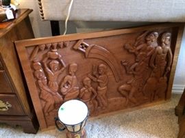 African hand carved plaque and small drum 
