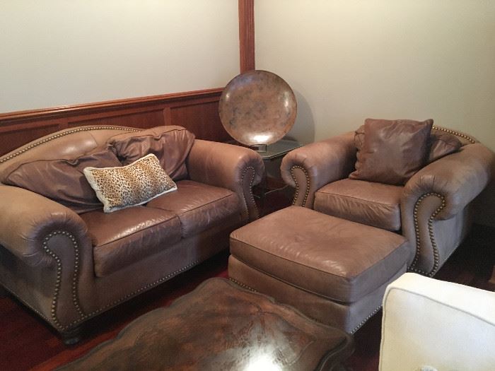 Ethan Allen Leather Loveseat, Chair and Ottoman.  Sofa and additional ottoman also available (see additional photos)