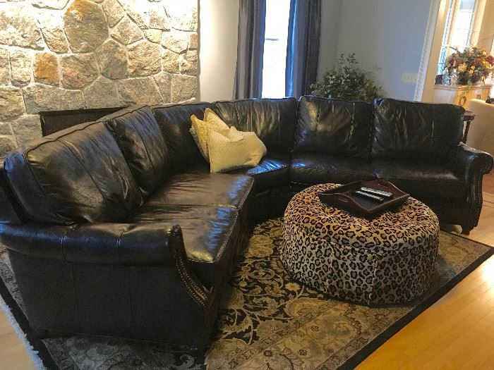 Stunning Chocolate Brown Leather Sectional / Ethan Allen Hand Made Rug (Ottoman not included in sale)