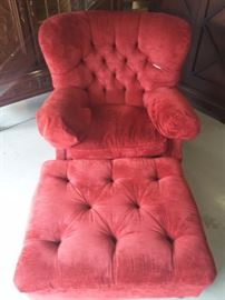 Red Velvet oversized Armchair and matching Ottoman. The Armchair has a tear on upper edge. Look where it is shows white tear. Can be recovered.