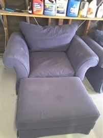 Oversized Blue Fabric Armchair with matching Ottoman.