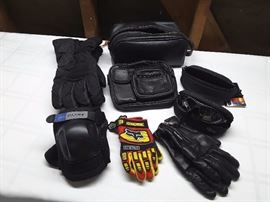 Men's Travel Case, Men's Fanny Pack, Child's Gloves, Glasses Case Empty, Men's Motorcycle Gloves, Knee Pads Set, Women's Motorcycle Gloves,  Glasses with Case.